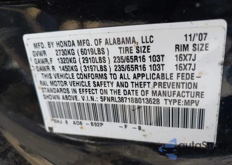 2008 Honda Odyssey Ex-L z USA, uszkodzony, nr VIN 5FNRL38718B013628